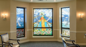 Stained glass windows in the on-site Chapel